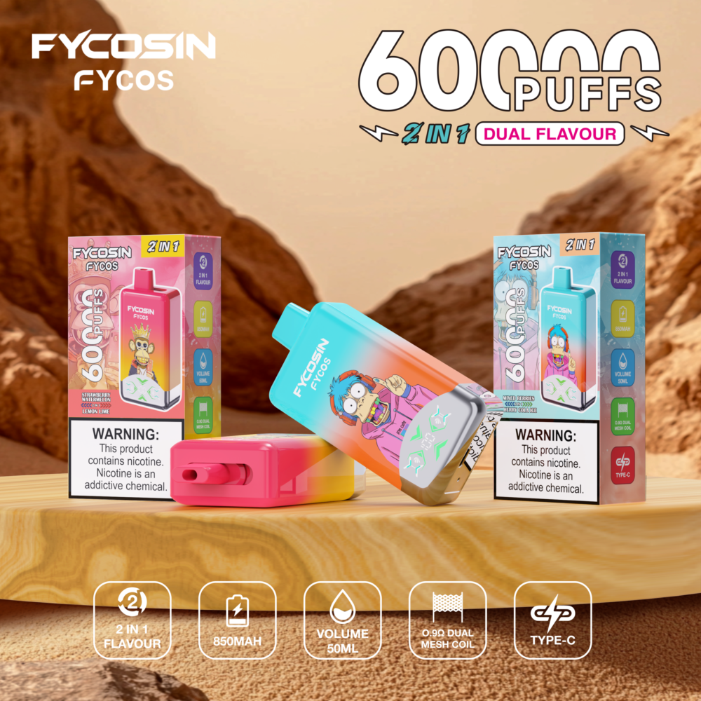 FYCOSIN Dual Flavors 60K Puffs FYCOSIN 60K Dual Flavor Vape – 60000 Puffs, Dual Mesh, Adjustable Airflow & LED Display - Image 1